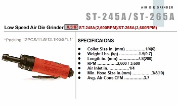 Low Speed Air Die Grinder 0.5HP ST-245A(2,600RPM)/ST-265A(3,600RPM)